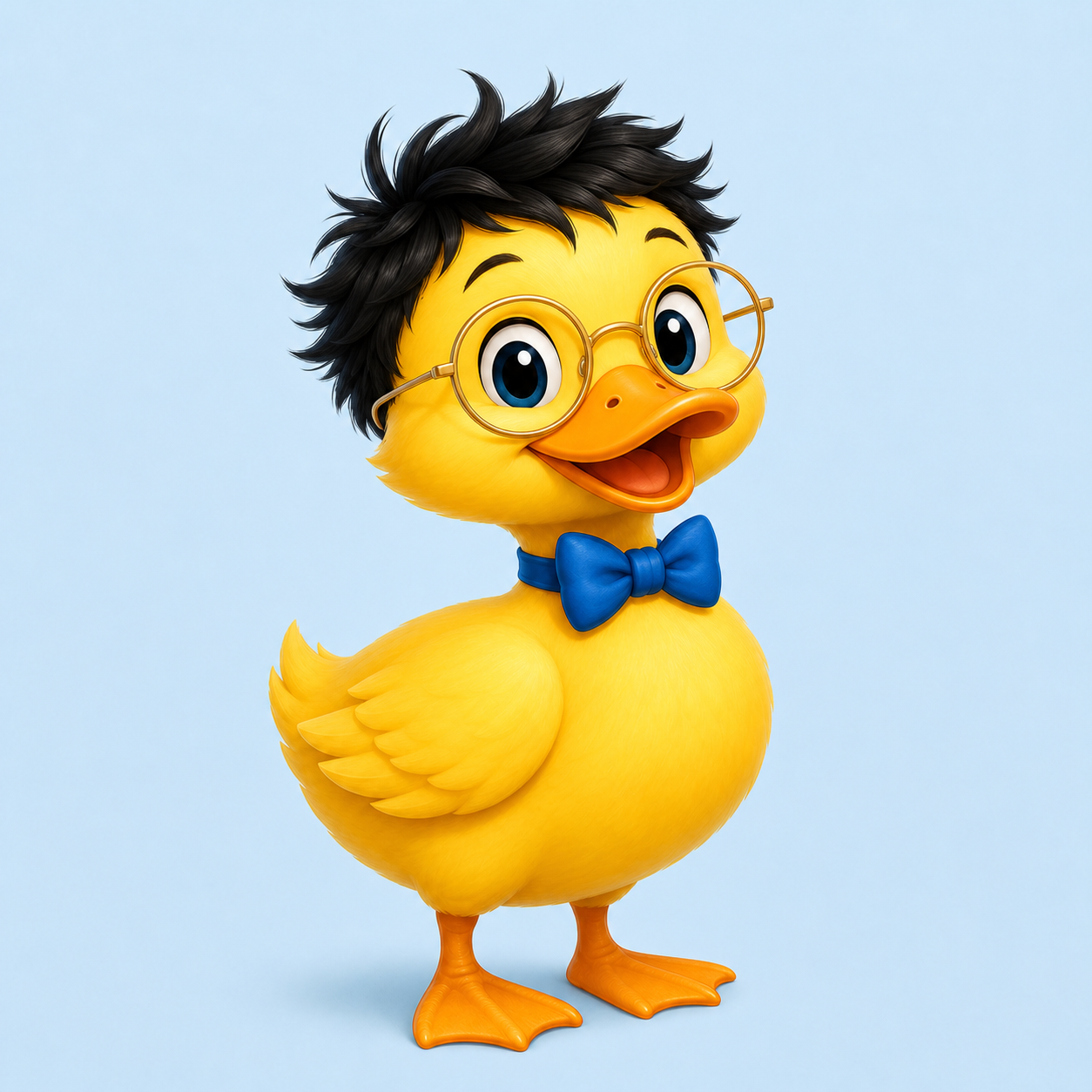 A cheerful yellow duck wearing a black top hat and blue bow tie